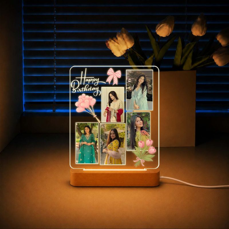 Happy Birthday LED Photo Collage Lamp for Girls & Women Personalized Birthday Photo Frame Night Light with 5 Photo  Warm White Decorative Table Lamp & Birthday Gift